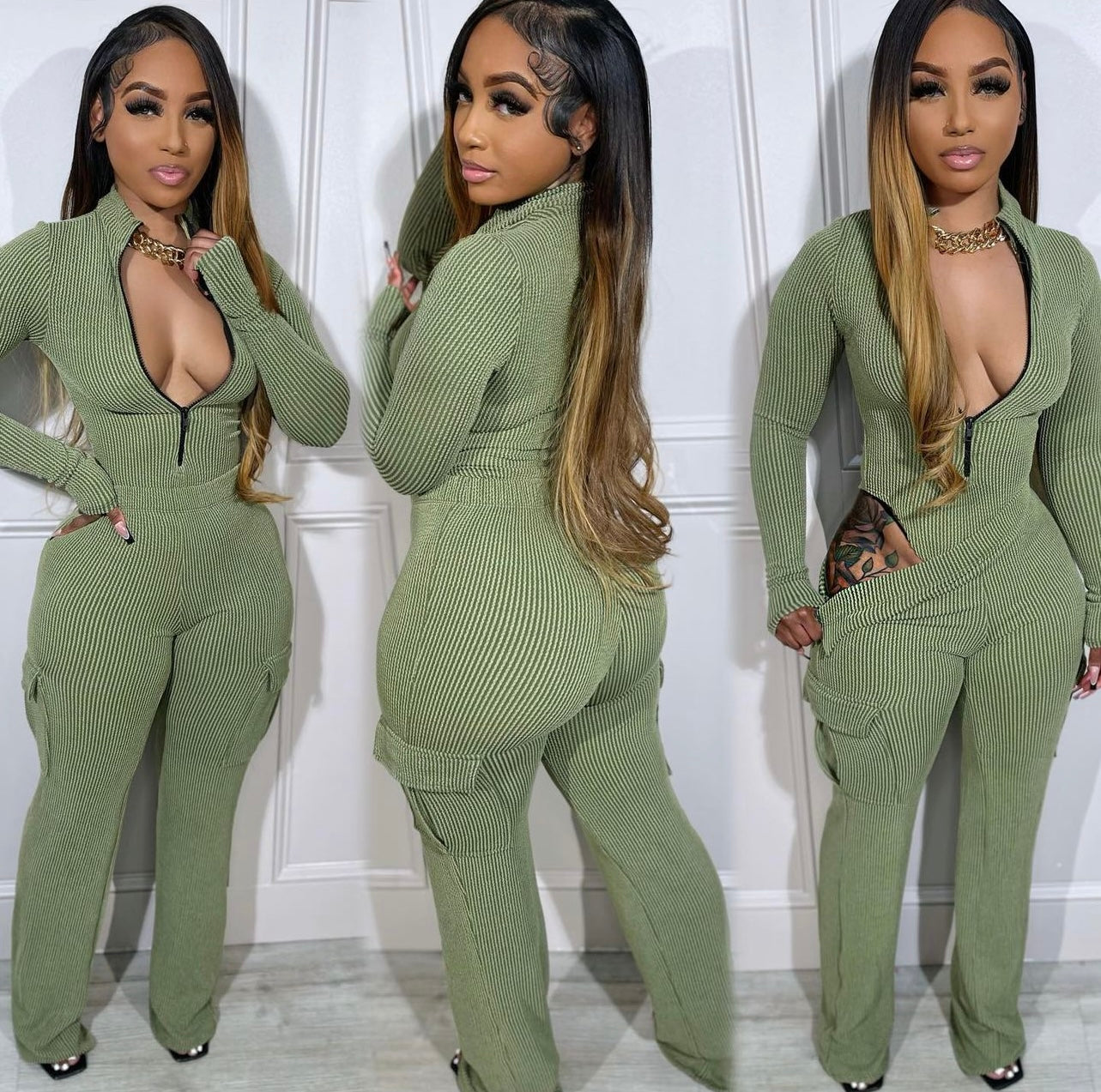 Olive Cargo Bodysuit Set