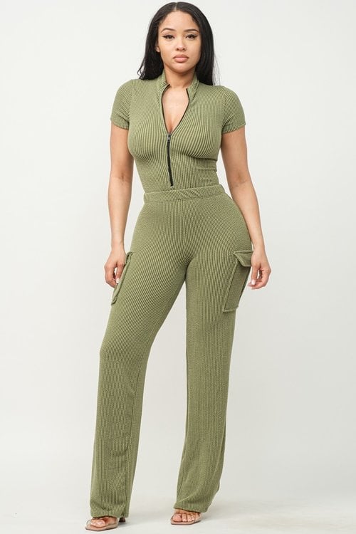 Olive Cargo Bodysuit Set