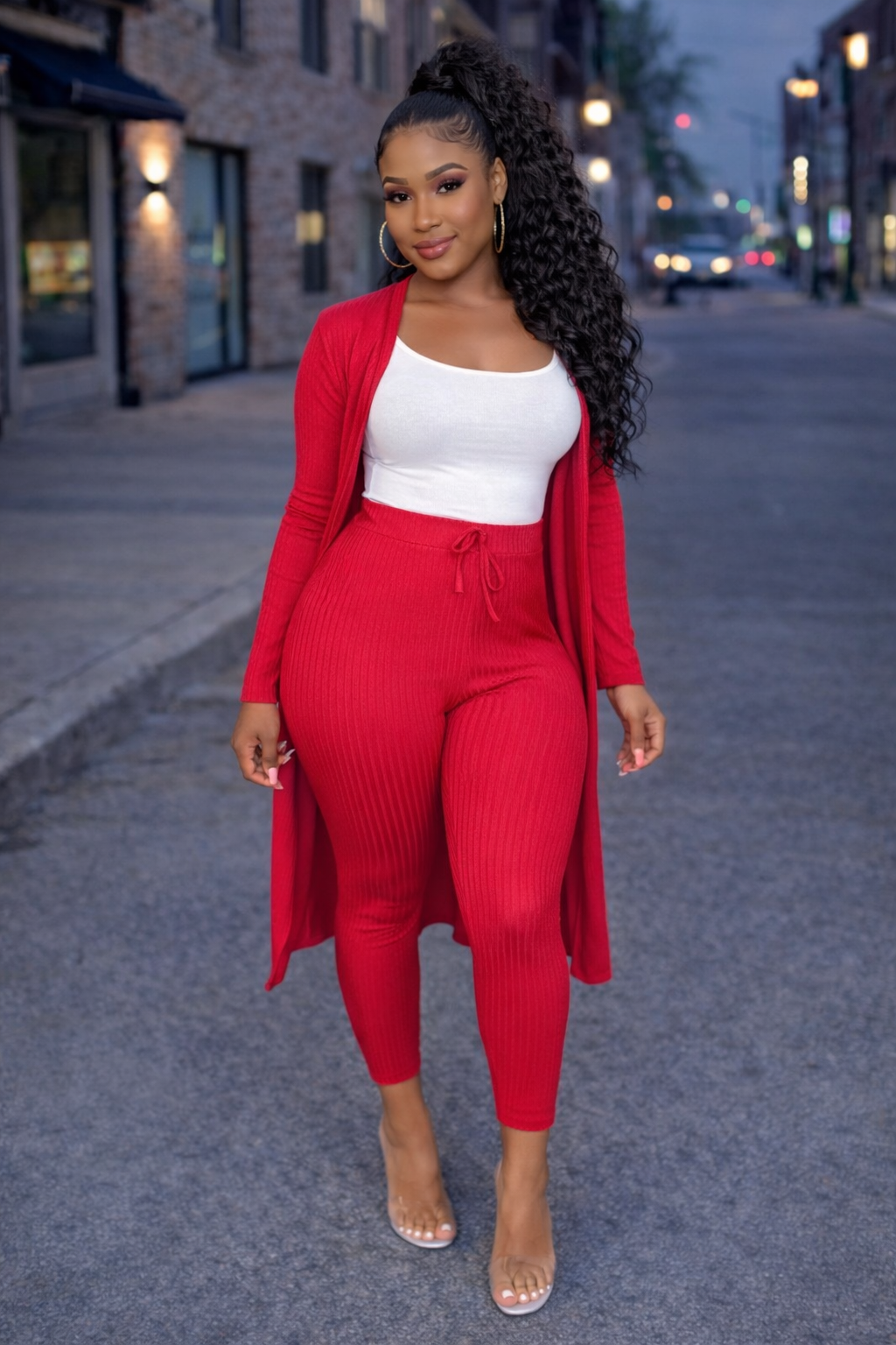 Red Cardigan Set