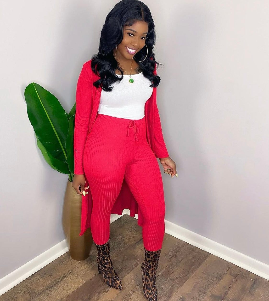Red Cardigan Set