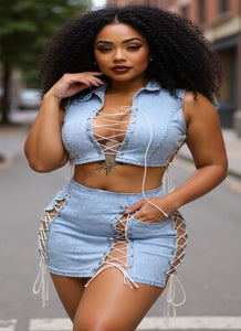 Denim Lace Skirt Set