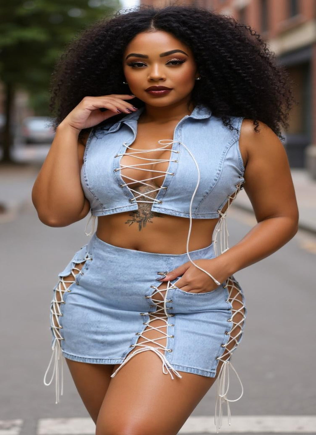 Denim Lace Skirt Set