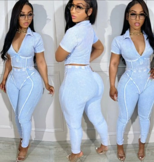 Sky Blue  Ribbed Washed Set