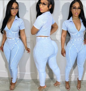 Sky Blue  Ribbed Washed Set