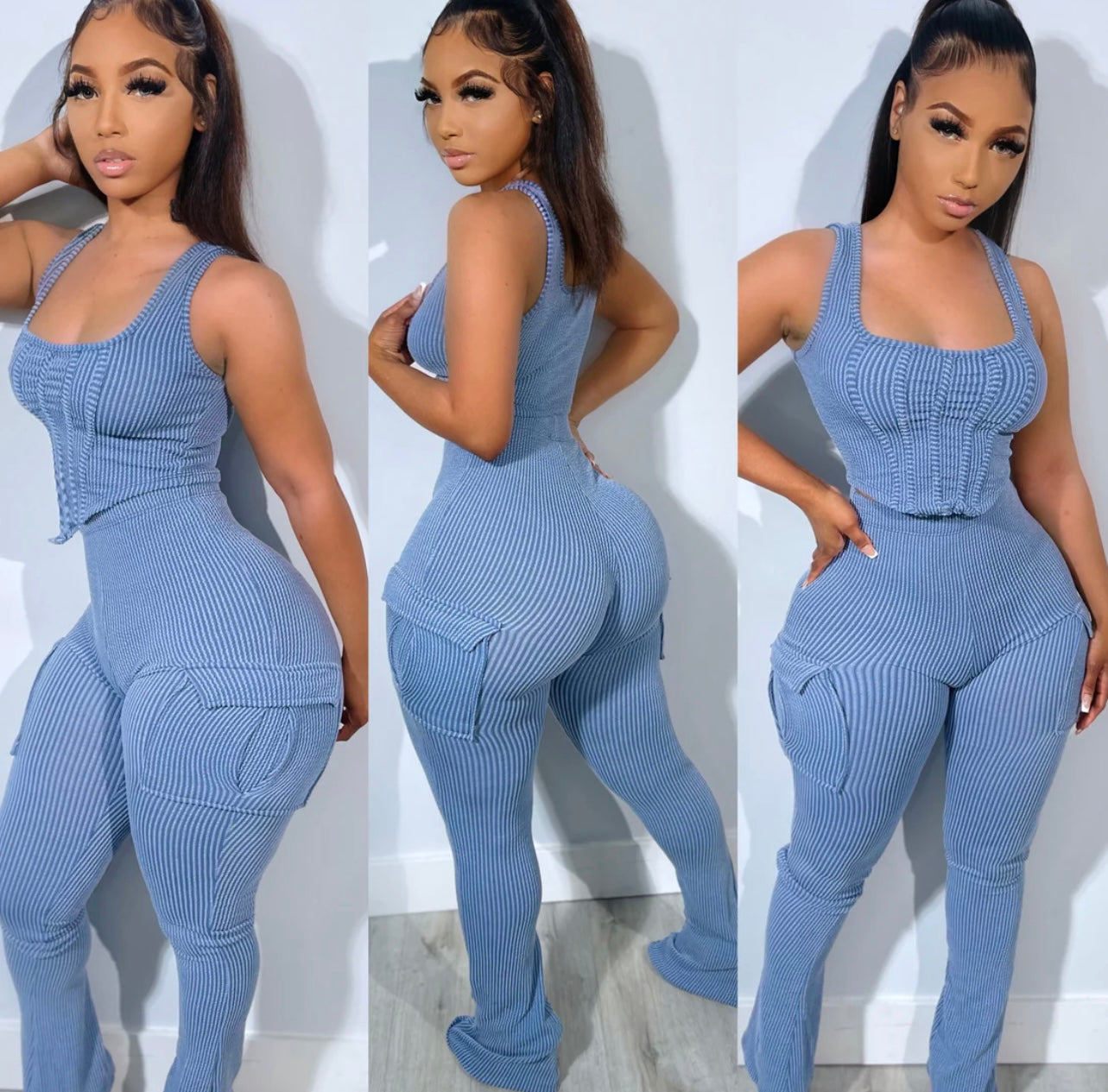 Denim Cargo Pants Set