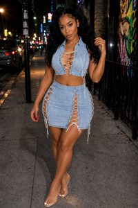Denim Lace Skirt Set