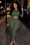 Olive Ribbed Crop Set
