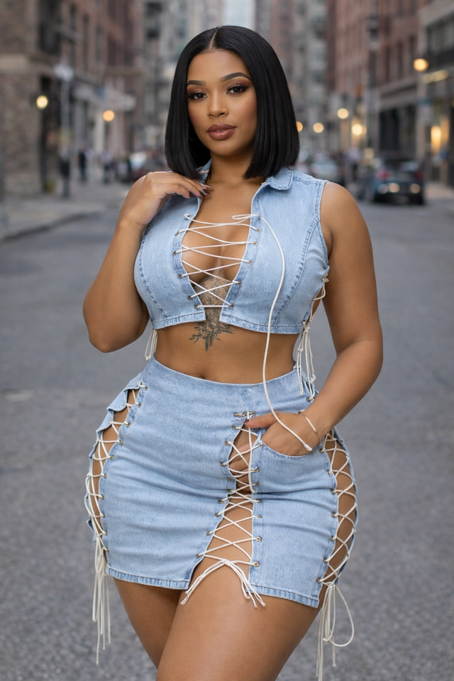 Denim Lace Skirt Set