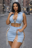 Denim Lace Skirt Set