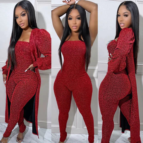 Red Shimmer Jumpsuit Set