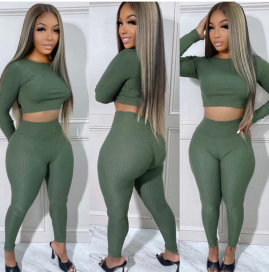 Olive Ribbed Crop Set
