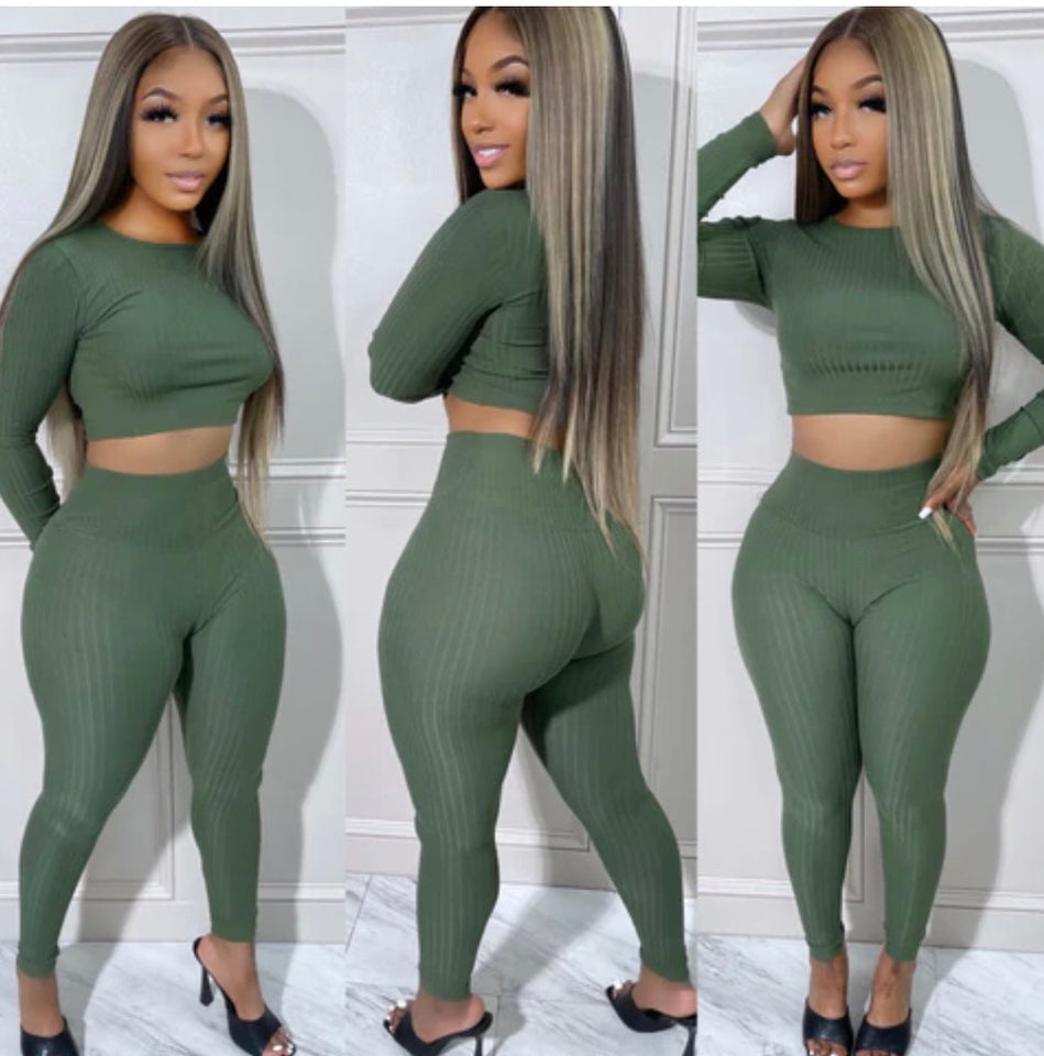 Olive Ribbed Crop Set